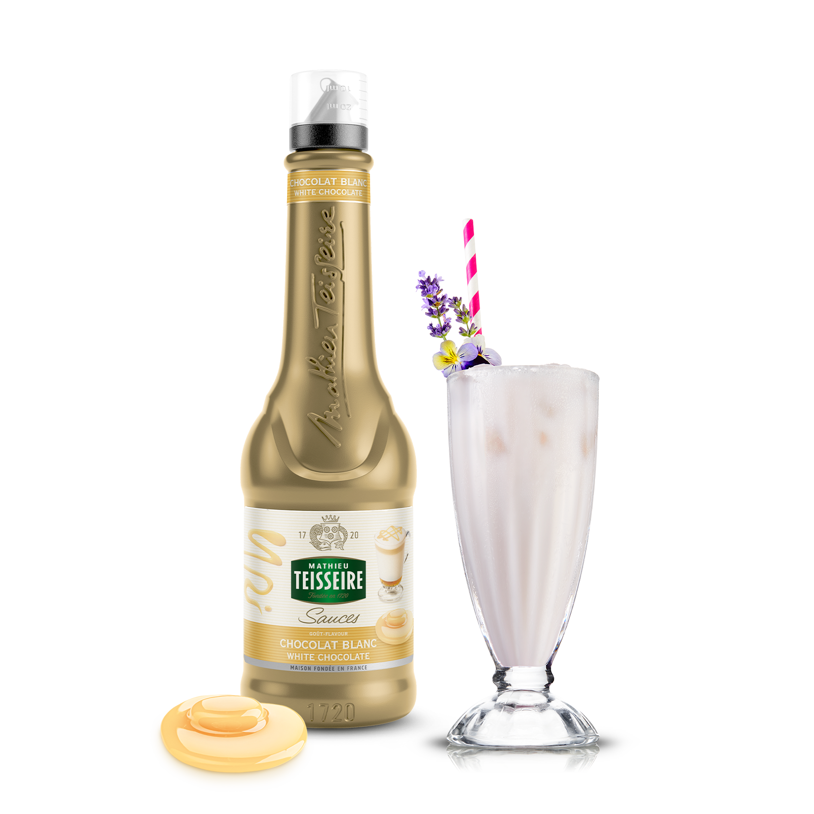 Teisseire chocolate sauce bottle with a dessert on a white background
