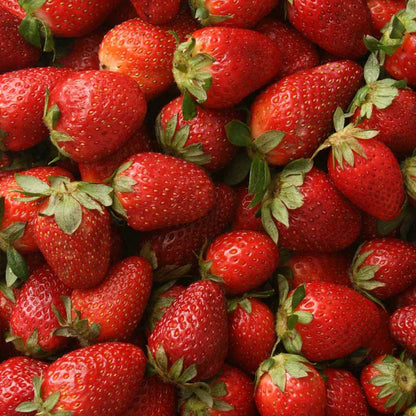 Close-up of a pile of red strawberries with green leaves.