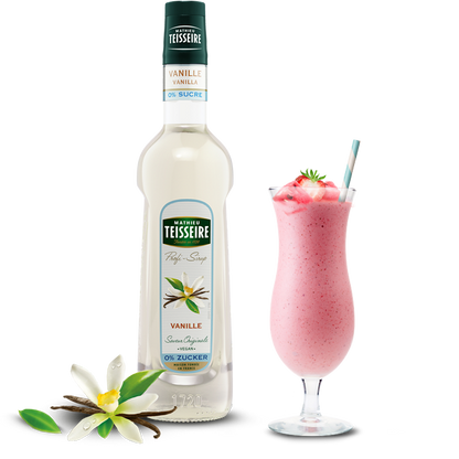 Teisseire vanilla syrup bottle with a pink cocktail and vanilla beans on a white background