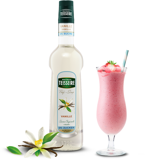 Teisseire vanilla syrup bottle with a pink cocktail and vanilla beans on a white background