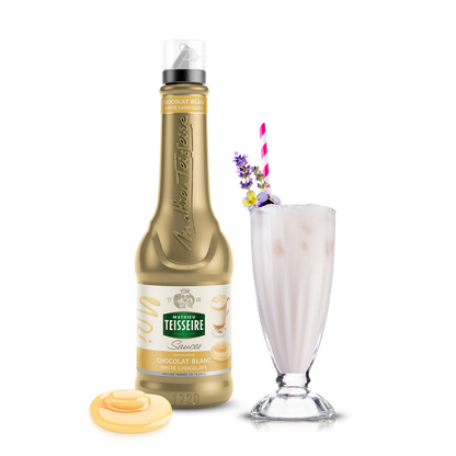 Teisseire chocolate sauce bottle with a dessert on a white background